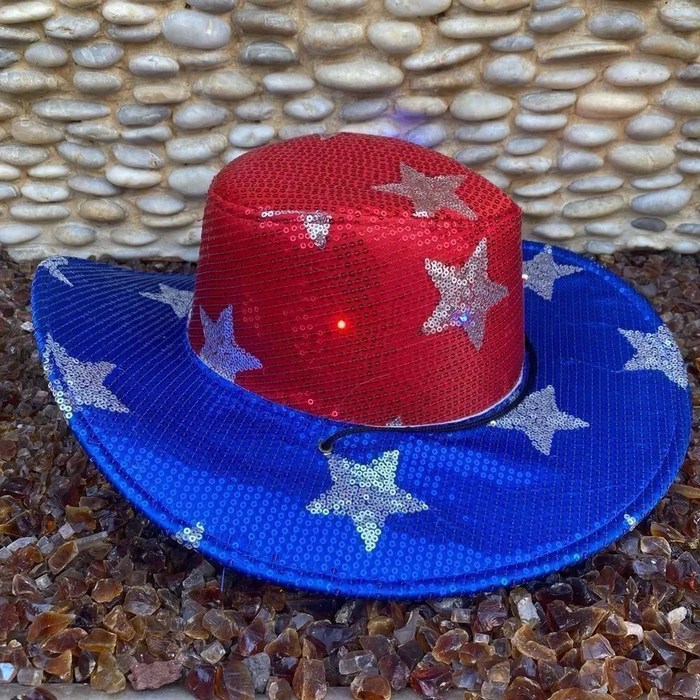NWOT USA Patriotic Red White Blue Sequin Star Cowboy Hat w/Lights 4th of July OS